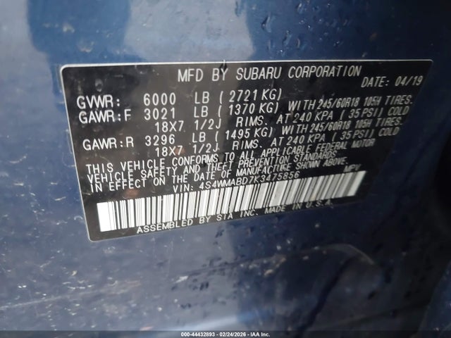 2019 Subaru Ascent Premium მანქანა იყიდება აუქციონზე, vin: 4S4WMABD7K3475856, აუქციონის ნომერი: 44432893