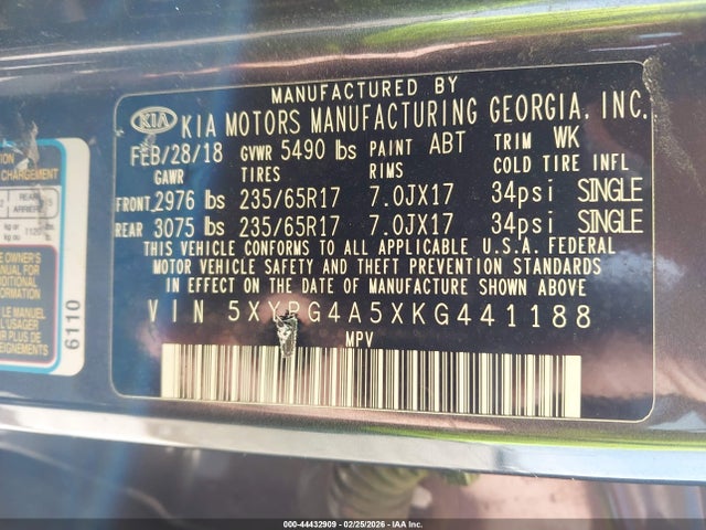 5XYPG4A5XKG441188 KIA Sorento 3.3l Lx