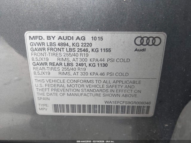 Продажа на аукционе авто 2016 Audi Q3 2.0t Premium Plus, vin: WA1EFCFS9GR008046, номер лота: 44432930