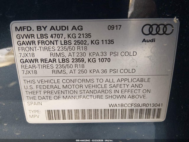 44432942 :رقم المزاد ، WA1BCCFS9JR013041 vin ، 2018 Audi Q3 2.0t Premium/2.0t Sport Premium مزاد بيع