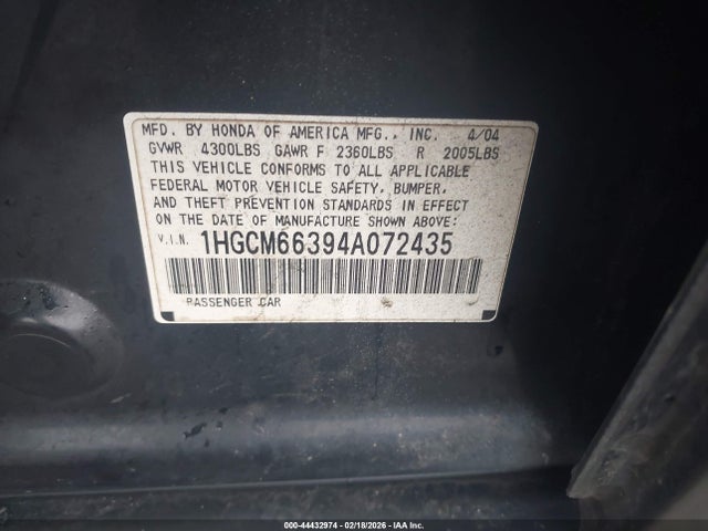 2004 Honda Accord 3.0 Lx მანქანა იყიდება აუქციონზე, vin: 1HGCM66394A072435, აუქციონის ნომერი: 44432974