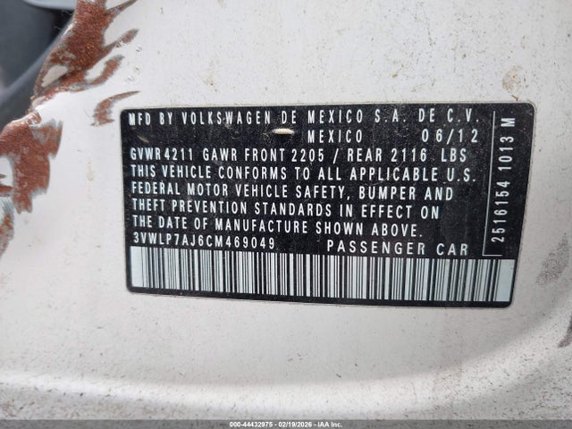 Продажа на аукционе авто 2012 Volkswagen Jetta 2.5l Sel, vin: 3VWLP7AJ6CM469049, номер лота: 44432975