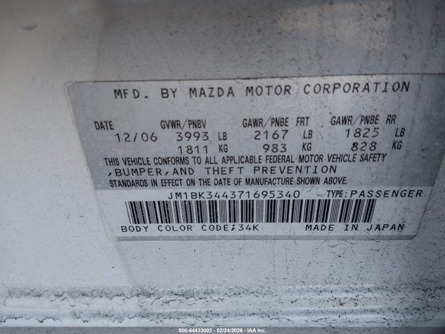 Продаж на аукціоні авто 2007 Mazda Mazda3 S Touring, vin: JM1BK344371695340, номер лоту: 44433002