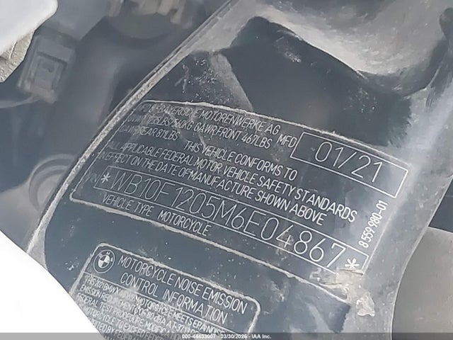 44433007 :رقم المزاد ، WB10F1205M6E04867 vin ، 2021 Bmw K1600 Gtl مزاد بيع
