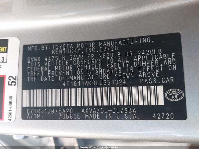 4T1G11AK0LU351324 Toyota CAMRY SE