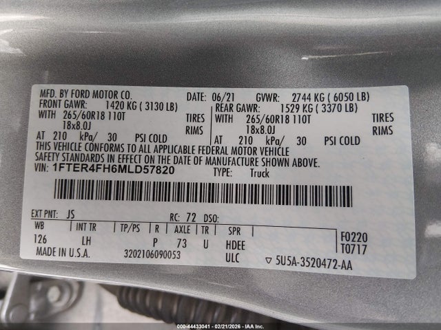 1FTER4FH6MLD57820 Ford Ranger Xlt