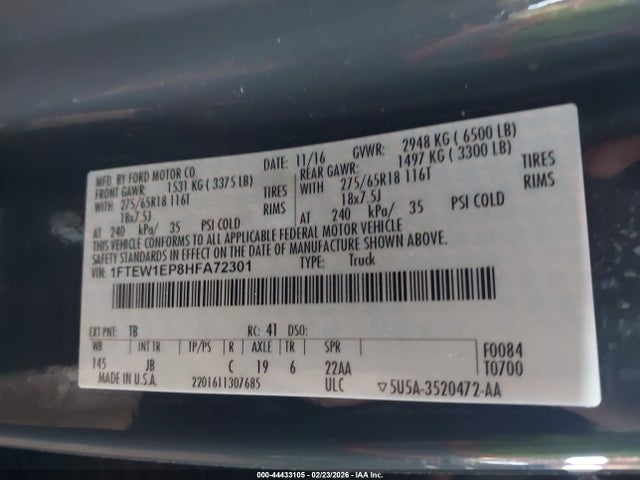 2017 Ford F-150 Xlt მანქანა იყიდება აუქციონზე, vin: 1FTEW1EP8HFA72301, აუქციონის ნომერი: 44433105