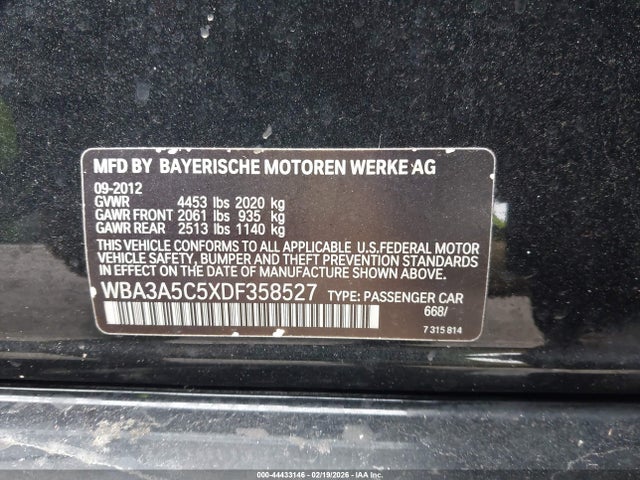 2013 Bmw 328i მანქანა იყიდება აუქციონზე, vin: WBA3A5C5XDF358527, აუქციონის ნომერი: 44433146