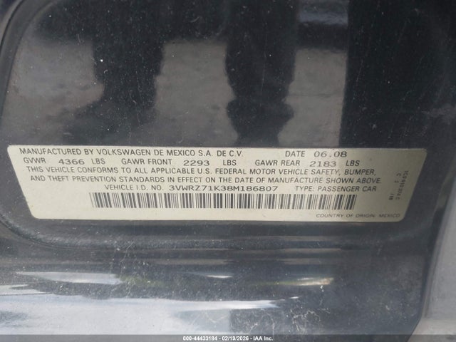 44433184 :رقم المزاد ، 3VWRZ71K38M186807 vin ، 2008 Volkswagen Jetta Se/sel مزاد بيع