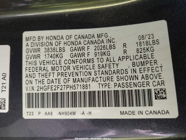 2HGFE2F27PH571881 Honda Civic Lx