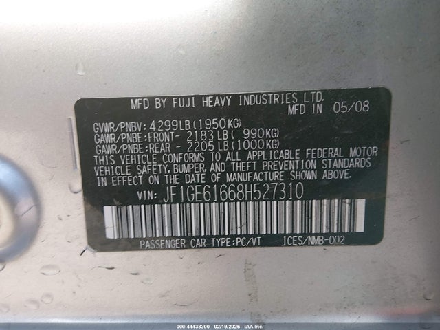 2008 Subaru Impreza 2.5i მანქანა იყიდება აუქციონზე, vin: JF1GE61668H527310, აუქციონის ნომერი: 44433200