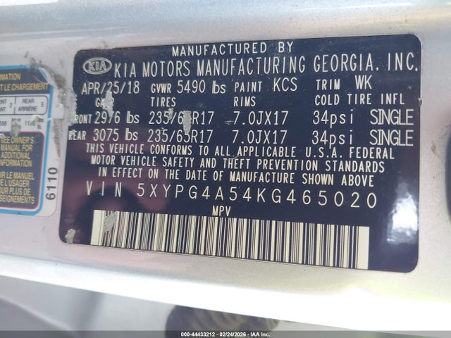 Aukcja sprzedaży 2019 Kia Sorento 3.3l Lx, vin: 5XYPG4A54KG465020, numer aukcji: 44433212