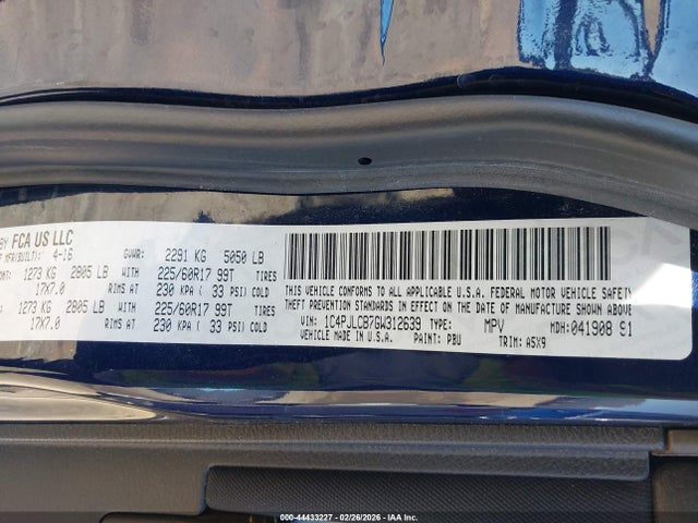 2016 Jeep Cherokee Latitude მანქანა იყიდება აუქციონზე, vin: 1C4PJLCB7GW312639, აუქციონის ნომერი: 44433227