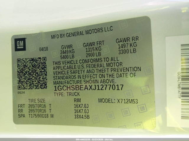 1GCHSBEAXJ1277017 Chevrolet Colorado Wt
