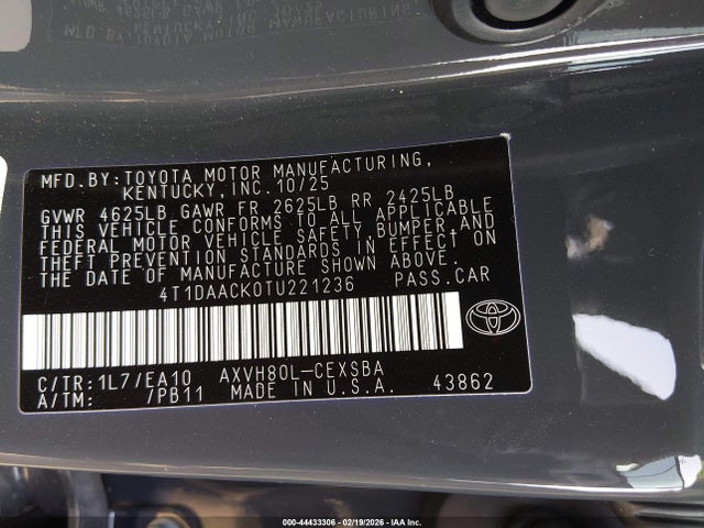 Продажа на аукционе авто 2026 Toyota Camry Se, vin: 4T1DAACK0TU221236, номер лота: 44433306