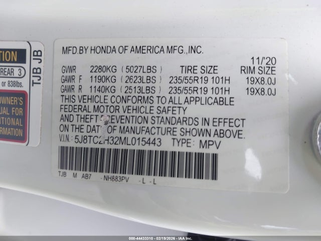 Продаж на аукціоні авто 2021 Acura Rdx Standard, vin: 5J8TC2H32ML015443, номер лоту: 44433310