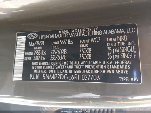 2024 Hyundai Santa Fe Sel მანქანა იყიდება აუქციონზე, vin: 5NMP2DGL6RH027703, აუქციონის ნომერი: 44433322