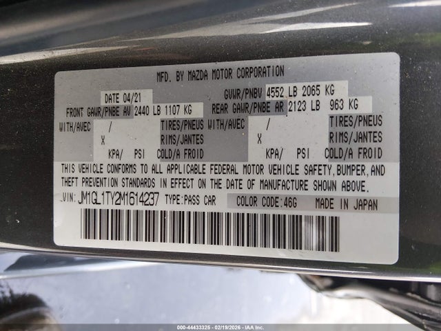 2021 Mazda Mazda6 Grand Touring მანქანა იყიდება აუქციონზე, vin: JM1GL1TY2M1614237, აუქციონის ნომერი: 44433325