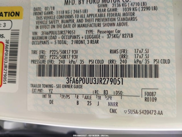 Ford Fusion Hybrid S 2018 3FA6P0UU3JR279051 Image 9