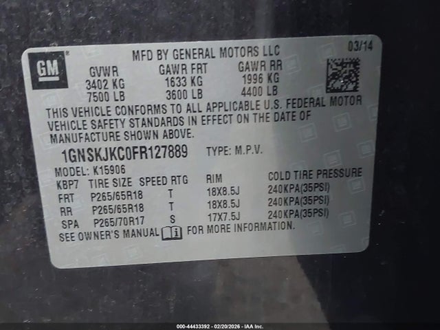 1GNSKJKC0FR127889 Chevrolet Suburban 1500 Lt