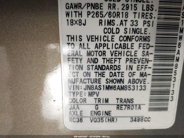 Продажа на аукционе авто 2010 Infiniti Fx35, vin: JN8AS1MW6AM853133, номер лота: 44433487