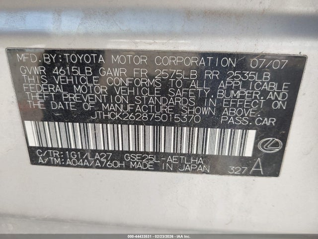 Aukcja sprzedaży 2007 Lexus Is 250, vin: JTHCK262875015370, numer aukcji: 44433531