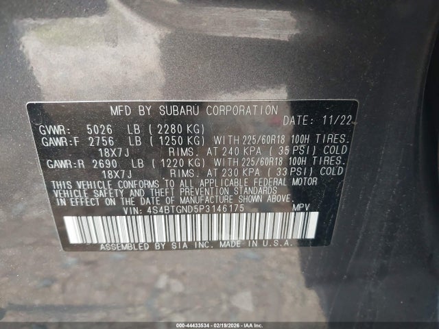 44433534 :رقم المزاد ، 4S4BTGND5P3146175 vin ، 2023 Subaru Outback Limited Xt مزاد بيع