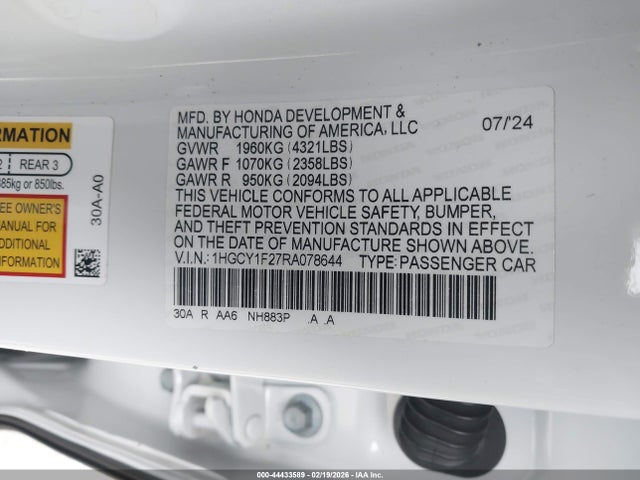 1HGCY1F27RA078644 Honda ACCORD LX