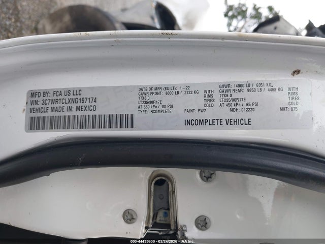 Продаж на аукціоні авто 2022 Ram 3500 Chassis Tradesman/slt/laramie/limited, vin: 3C7WRTCLXNG197174, номер лоту: 44433600