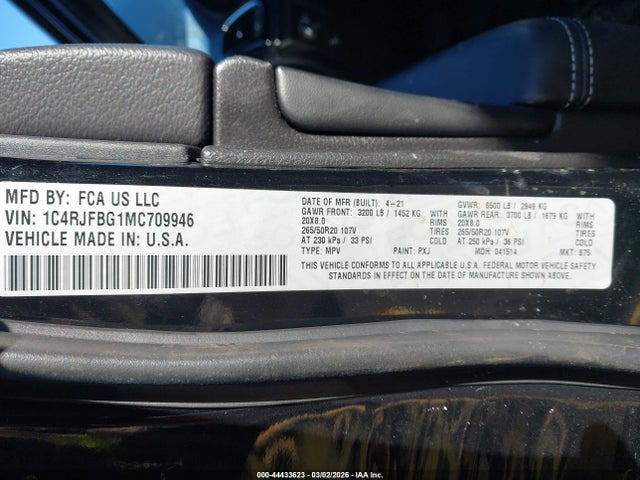 2021 Jeep Grand Cherokee 80th Anniversary 4x4 მანქანა იყიდება აუქციონზე, vin: 1C4RJFBG1MC709946, აუქციონის ნომერი: 44433623