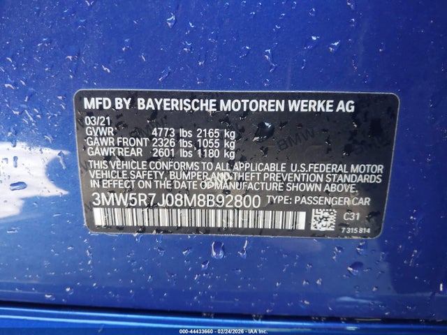 Aukcja sprzedaży 2021 Bmw 330i Xdrive, vin: 3MW5R7J08M8B92800, numer aukcji: 44433660
