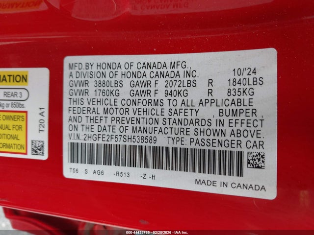 Honda Civic Sport 2025 2HGFE2F57SH538589 Image 9