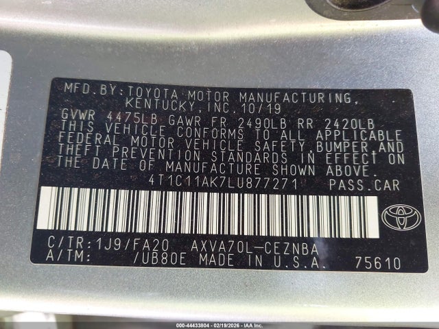 2020 Toyota Camry Le მანქანა იყიდება აუქციონზე, vin: 4T1C11AK7LU877271, აუქციონის ნომერი: 44433804