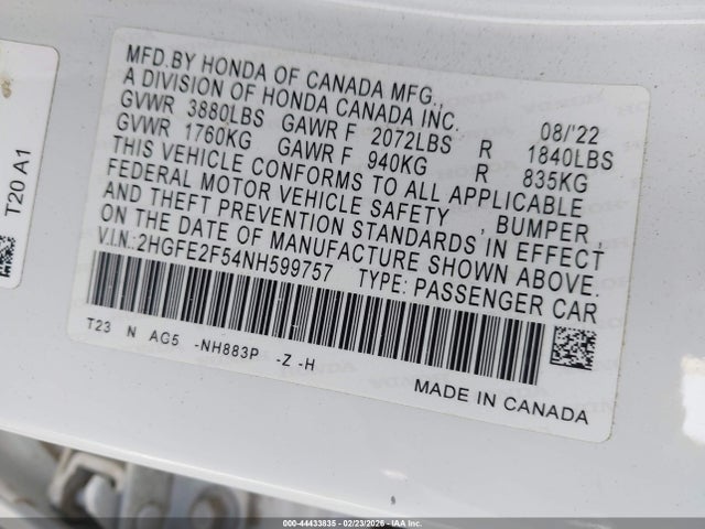 Honda Civic Sport 2022 2HGFE2F54NH599757 Image 9