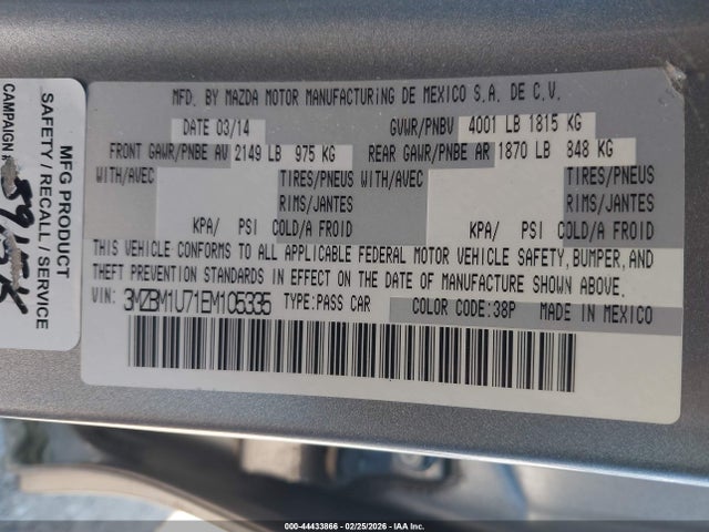 2014 Mazda Mazda3 I Sport მანქანა იყიდება აუქციონზე, vin: 3MZBM1U71EM105335, აუქციონის ნომერი: 44433866