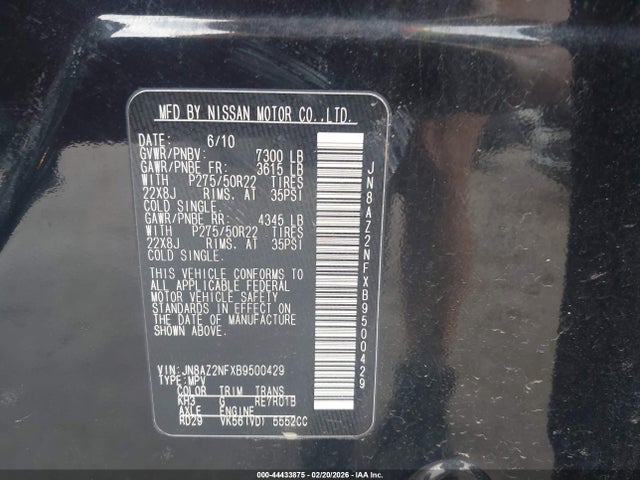 44433875 :رقم المزاد ، JN8AZ2NFXB9500429 vin ، 2011 Infiniti Qx56 مزاد بيع