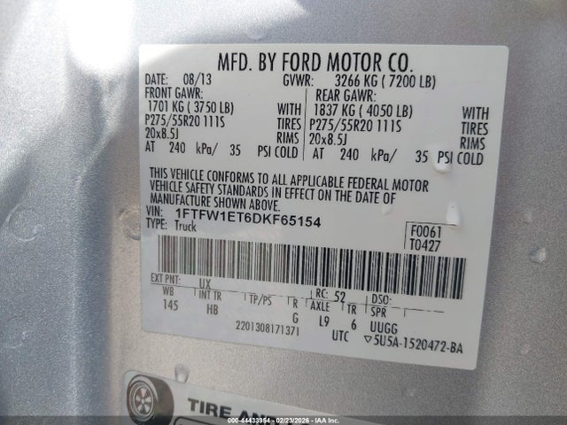 44433954 :رقم المزاد ، 1FTFW1ET6DKF65154 vin ، 2013 Ford F-150 Lariat مزاد بيع