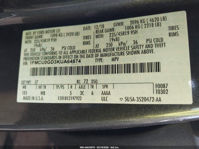 1FMCU0GD3KUA64874 Ford ESCAPE SE