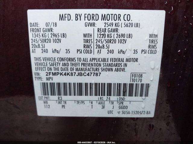 Aukcja sprzedaży 2018 Ford Edge Titanium, vin: 2FMPK4K87JBC47787, numer aukcji: 44433987