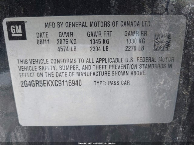 44433997 :رقم المزاد ، 2G4GR5EKXC9116940 vin ، 2012 Buick Regal مزاد بيع