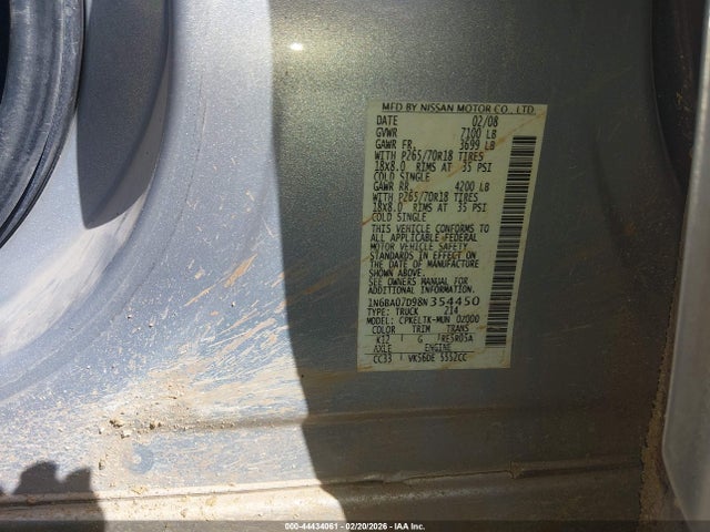Aukcja sprzedaży 2008 Nissan Titan Se, vin: 1N6BA07D98N354450, numer aukcji: 44434061