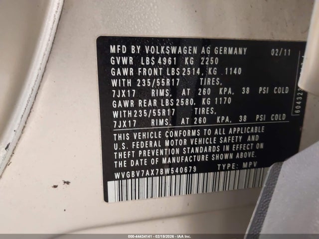 2011 Volkswagen Tiguan Se მანქანა იყიდება აუქციონზე, vin: WVGBV7AX7BW540679, აუქციონის ნომერი: 44434141
