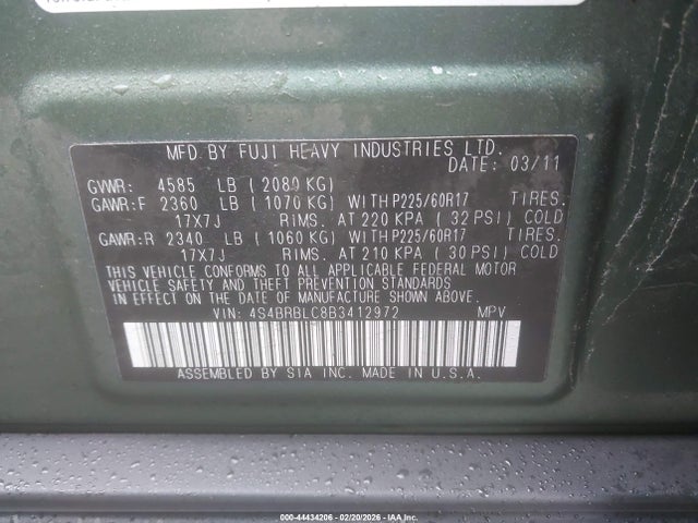 Продаж на аукціоні авто 2011 Subaru Outback 2.5i Limited, vin: 4S4BRBLC8B3412972, номер лоту: 44434206