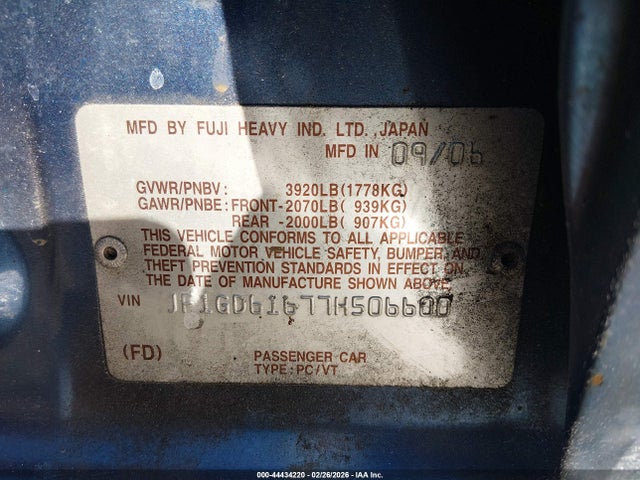 Aukcja sprzedaży 2007 Subaru Impreza 2.5i, vin: JF1GD61677H506600, numer aukcji: 44434220