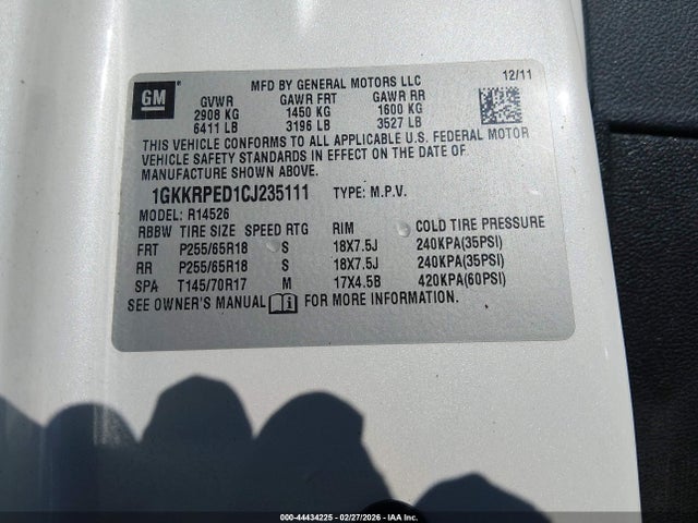 44434225 :رقم المزاد ، 1GKKRPED1CJ235111 vin ، 2012 Gmc Acadia Sle مزاد بيع