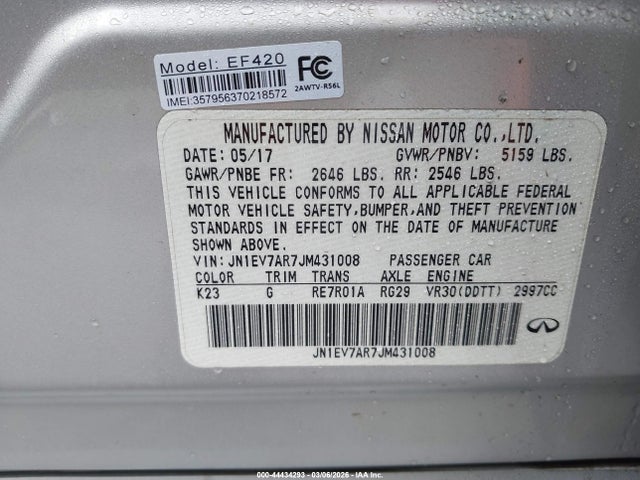 44434293 :رقم المزاد ، JN1EV7AR7JM431008 vin ، 2018 Infiniti Q50 3.0t Luxe مزاد بيع