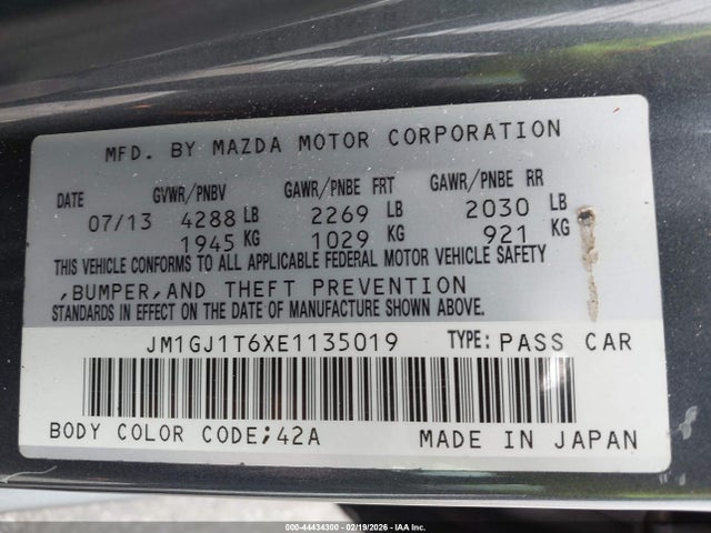2014 Mazda Mazda6 I Touring მანქანა იყიდება აუქციონზე, vin: JM1GJ1T6XE1135019, აუქციონის ნომერი: 44434300