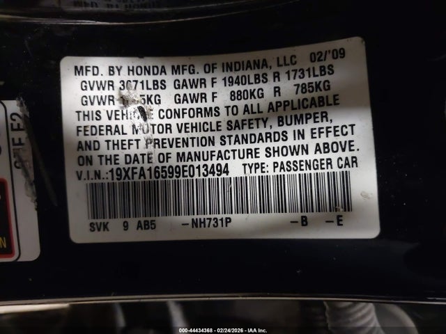 2009 Honda Civic Lx მანქანა იყიდება აუქციონზე, vin: 19XFA16599E013494, აუქციონის ნომერი: 44434368