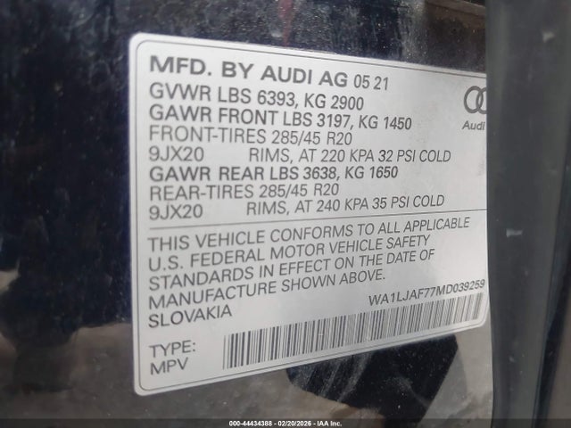 WA1LJAF77MD039259 Audi Q7 Premium Plus 45 Tfsi Quattro Tiptronic