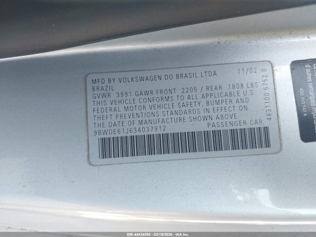 2003 Volkswagen Gti 1.8t მანქანა იყიდება აუქციონზე, vin: 9BWDE61J634037912, აუქციონის ნომერი: 44434390